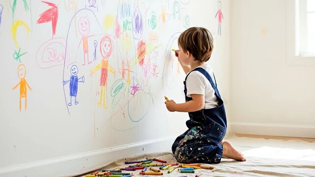 Little child's creative mess drawing with crayons on white walls at home