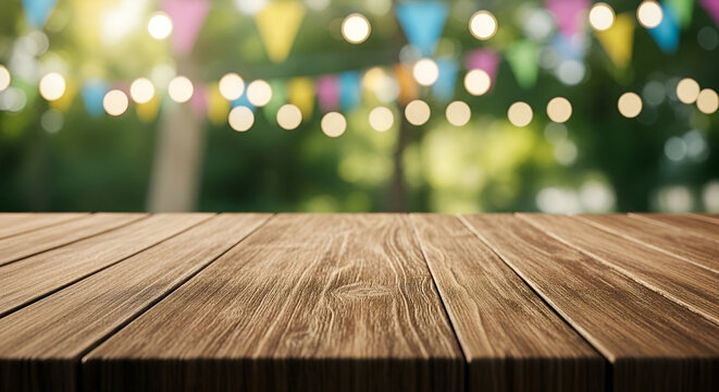 Empty wooden table in outdoor setting with blurred colorful lights and greenery in the background perfect for celebration or outdoor event backdrop