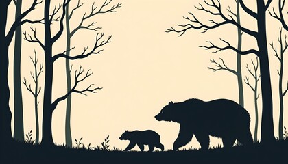 Silhouette Mother Bear and Cub Forest Scene