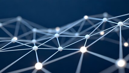 An abstract, dark blue background featuring a dynamic, three-dimensional representation of a connected network.