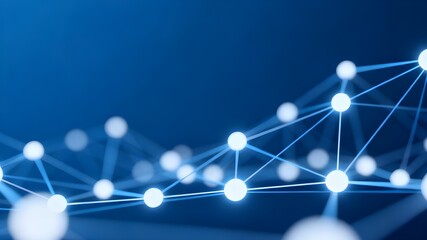 An abstract, dark blue background featuring a dynamic, three-dimensional representation of a connected network.