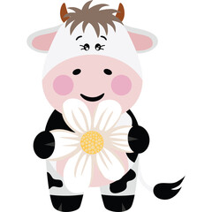 Cute Cartoon Cow Holding a Large White Daisy Flower with Pink Cheeks and Brown Horns on Transparent Background