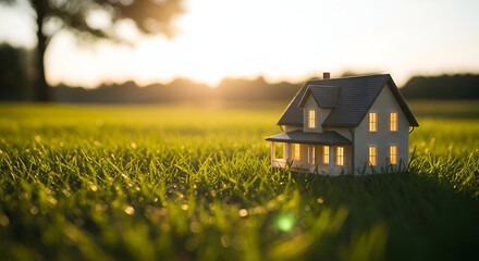 Beautiful cozy house illuminated at sunset in a lush green field creating a peaceful rural atmosphere perfect for real estate or home decor themes