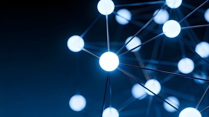 An abstract, dark blue background featuring a dynamic, three-dimensional representation of a connected network.