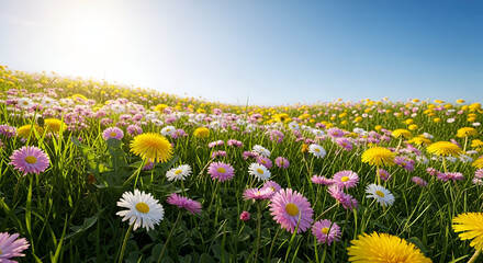Beautiful vibrant spring meadow filled with colorful daisies and wildflowers under bright sunny sky perfect for nature outdoor scenes and floral backgrounds