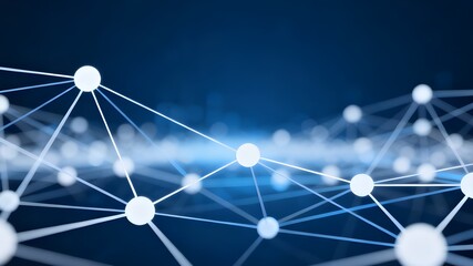 An abstract, dark blue background featuring a dynamic, three-dimensional representation of a connected network.