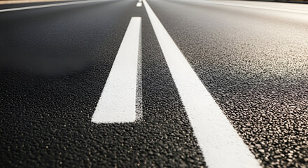 Close-up of a two-lane asphalt road with white lane markings extending into the distance under bright sunlight for travel transportation and road safety concepts