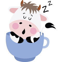 Cute cartoon cow yawning and sleeping inside a blue teacup with a transparent background for playful designs