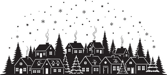 Charming winter village silhouette with falling snowflakes and cozy houses, perfect for holiday greeting cards and seasonal designs, creating a festive mood