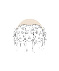 Boho Line Art Faces with Sun and Moon, Minimalist Abstract Feminine Portrait, Spiritual Woman Illustration