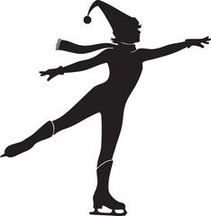 Festive winter joy ice skating girl silhouette with elf hat, scarf, and gloves in playful pose, perfect for holiday cards and seasonal designs