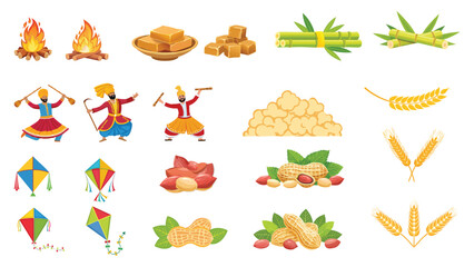 Naklejka premium lohri and makar sankranti full elements: indian traditional festivals pongal clipart Bonfire and Punjabi folk dance jaggery pieces kites peanuts popcorn wheat sugarcane stick vector illustration