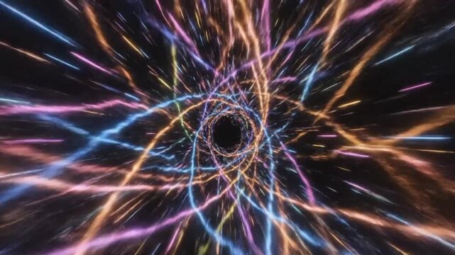 An abstract animated journey through a hyper-speed wormhole or tunnel composed of brightly colored neon light trails that intertwine and move rapidly towards the viewer in a black void.