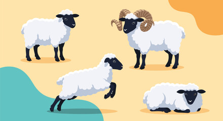 Cartoon vector illustration featuring a ram, a standing ewe, a jumping lamb, and a resting lamb on a soft background.