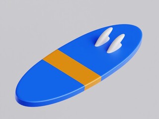 Clean blue surfboard with twin fins and stripe, isolated 3D render.