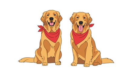 Obraz premium Two adorable cartoon golden retrievers with red bandanas sit happily, ready to bring joy and companionship to any project.
