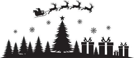 Magical Christmas Eve scene with Santa's sleigh flying over snowy forest delivering gifts, spreading holiday cheer and festive spirit in winter wonderland