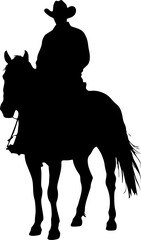 Fototapeta premium A vector silhouette three cowboys and one cowgirl riding horses and one cowboy is walking and leading a horse