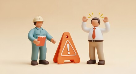 Conceptual art of two stylized figures facing a glaring caution sign, illustrating the need for vigilance and professional assessment.