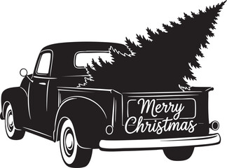 Festive Christmas tree pickup truck delivers holiday cheer and vintage charm this season, perfect for cards, crafts, and family celebrations