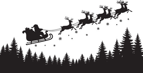 Silhouette of Santa Claus and his reindeer flying over a winter forest, creating a magical Christmas Eve scene with falling snowflakes © injala