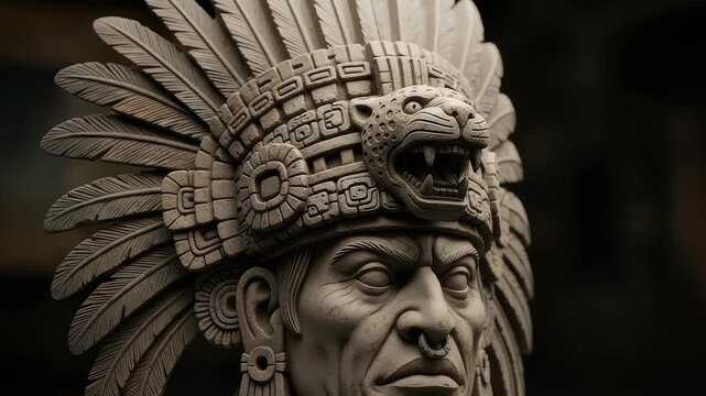 Ancient aztec leader sculpture close up animation, intricate headdress detail, cultural artifact