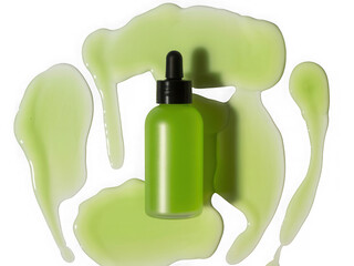 Bright green dropper bottle with vibrant liquid spill for skincare and beauty products