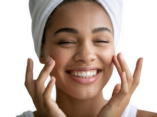 Smiling woman with towel isolated on transparent background