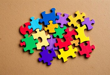 Intricate, colorful wooden puzzle pieces forming abstract shapes on a textured surface,  craft,  wood