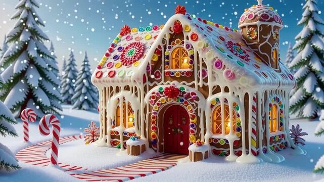 Whimsical Gingerbread House Surrounded by Snowy Pine Trees and Candy Decorations, Perfect for Holiday and Winter Celebrations and Festive Imagery