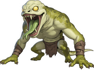 Fearsome reptilian monster with glowing eyes and forked tongue ready to strike