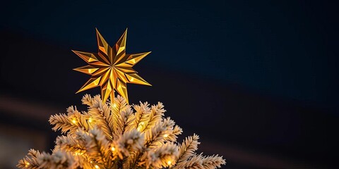 Ornate gold star atop a flocked Christmas tree with twinkling lights,   luxury,   festive decor