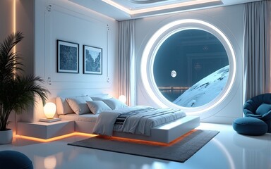 Science fiction bedroom interior .Futuristic 3d rendering. High quality