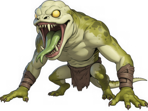 Fearsome reptilian monster with glowing eyes and forked tongue ready to strike