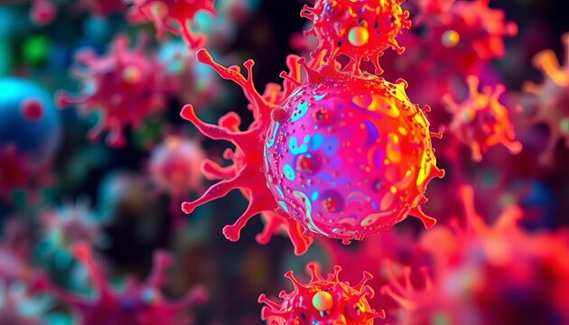 Microscopic view of abstract cellular structures, vibrant colors, medical research,  scientific background,   microscopy