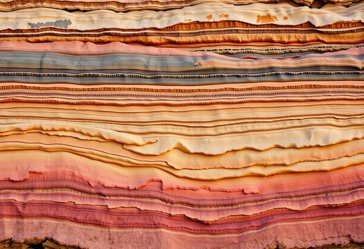 Layered sedimentary rock formations, showing texture and color variations, earth tones, layers