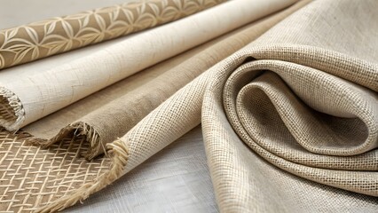Variety of Natural Fabric Rolls: Linen, Jute, and Patterned Canvas Textures in Neutral Earth Tones