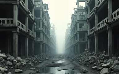 postapocalyptic ruins abandoned city streets in the aftermath of disaster 3d rendering. High quality