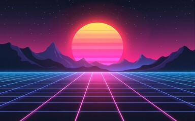 Abstract retro sci-fi grid 80's, 90's neon colors night and sunset, vintage cyberpunk illustration, retro synthwave style neon landscape background. High quality