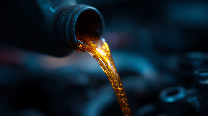 Close-up of golden motor oil pouring from a black container into an engine, highlighting the liquid's smooth flow and reflective surface in a dark, industrial setting