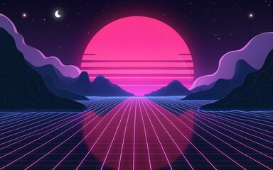 Abstract retro sci-fi grid 80's, 90's neon colors night and sunset, vintage cyberpunk illustration, retro synthwave style neon landscape background. High quality