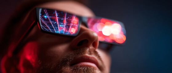 Close-up of a person wearing reflective glasses showing a digital grid and neon lights, highlighting futuristic technology and immersive virtual reality experience