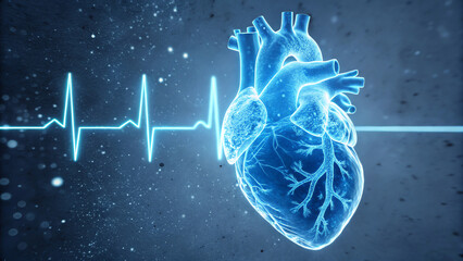 A glowing digital illustration of a human heart with a heartbeat line, symbolizing cardiovascular health and medical monitoring
