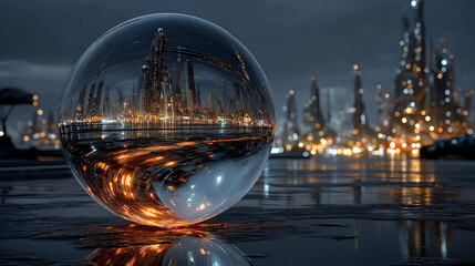 Cyberpunk city skyline reflected inside light bulb futuristic urban concept modern technology design sci-fi metropolis illustration generated ai