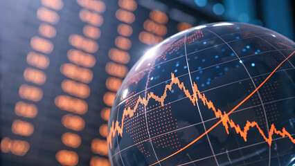 A transparent globe displays fluctuating orange financial graphs with a blurred digital stock market background, symbolizing global finance, economics, and data analysis