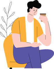 Casual Man Enjoying Coffee In A Modern Home With Plant Accent Illustration