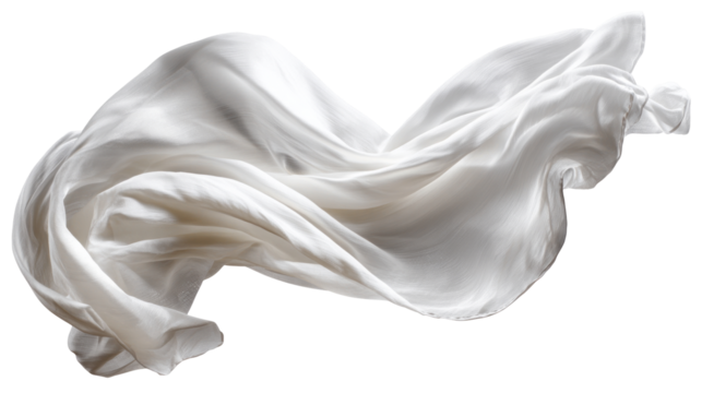 Elegant white silk fabric flying and flowing with graceful movement. smooth cutout piece of cloth isolated on transparent background