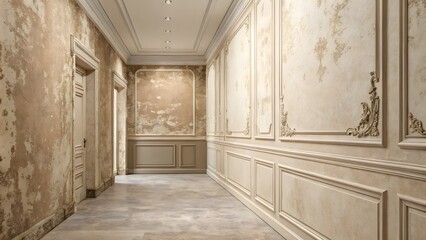 Empty Vintage Hallway Interior with Elegant Wall Paneling, Ornate Molding, and Grunge Paint Textures