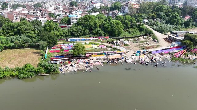 Aerial shot of Dhobi Ghat at Gomti River at Husainabad, Lucknow, Uttar Pradesh, India