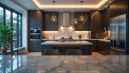 Fototapeta premium Sophisticated contemporary kitchen interior design featuring sleek dark cabinetry, elegant marble countertops, and warm ambient lighting, perfect for modern living spaces
